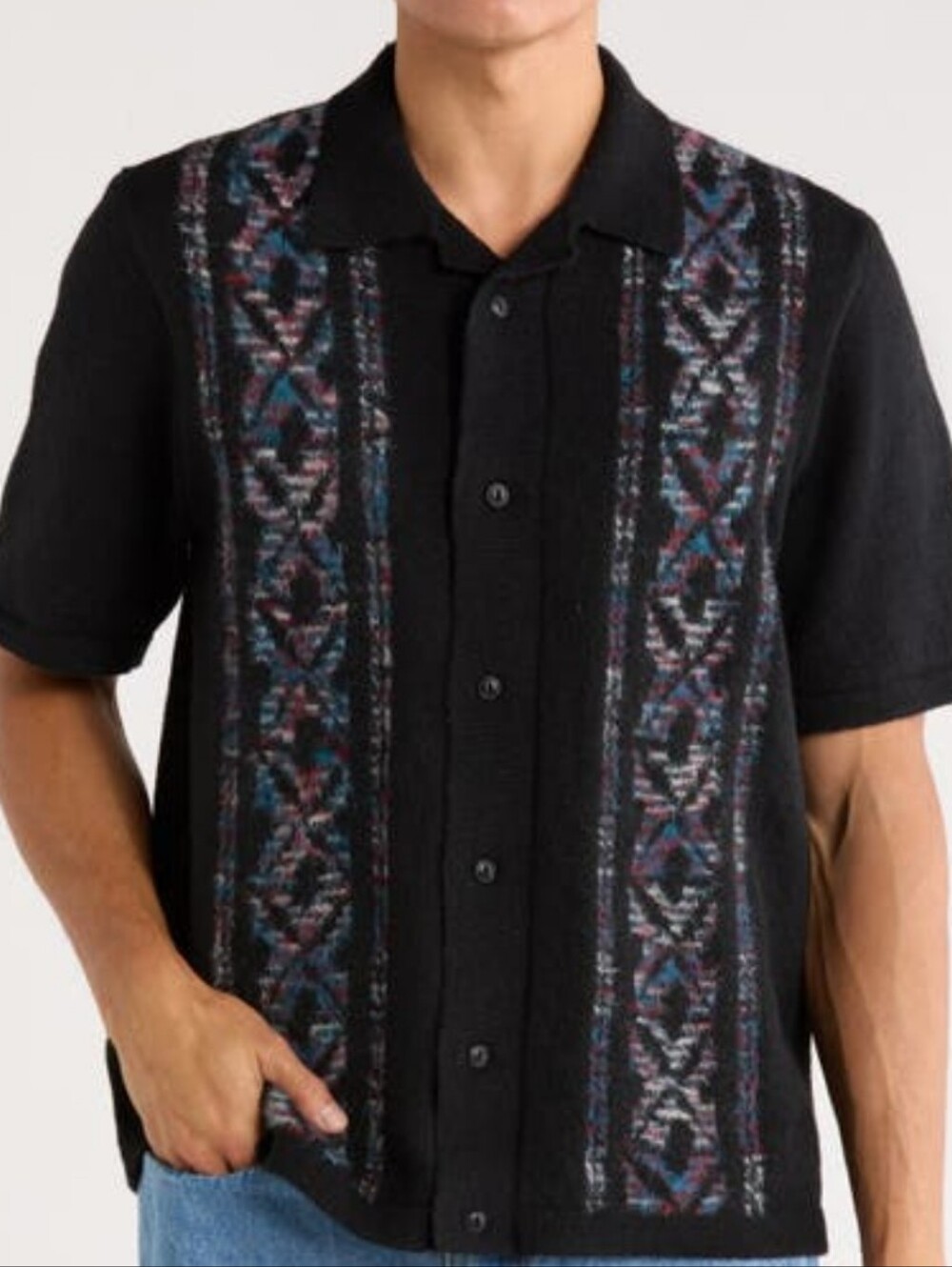 Zara Black Short-Sleeve Cardigan with Multicolor Geo Stripes